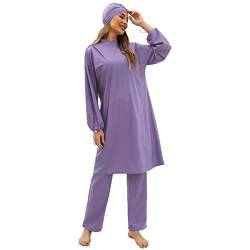 IMEKIS Damen 3tlg Modest Bademode Muslimischen Badebekleidung Islamischen Arabischen Badeanzug Langarm Tankini mit Hijab voller Abdeckung Burkini Schwimmanzug Lila L von IMEKIS