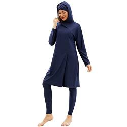 IMEKIS Damen 3tlg Modest Bademode Muslimischen Badebekleidung Islamischen Arabischen Badeanzug Langarm Tankini mit Hijab voller Abdeckung Burkini Schwimmanzug Marineblau L von IMEKIS