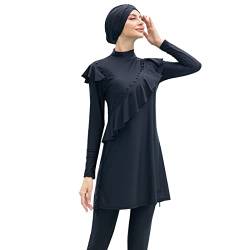 IMEKIS Damen 3tlg Modest Bademode Muslimischen Badebekleidung Islamischen Arabischen Badeanzug Langarm Tankini mit Hijab voller Abdeckung Burkini Schwimmanzug Schwarz 4XL von IMEKIS