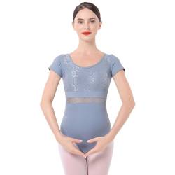 IMEKIS Damen Ballett Trikot Kurzarm Blumenspitze Ballettanzug Einfarbig Gymnastik Trikots mit Abnehmbaren BH Pads Einteilig Tanz Body Sportlich Rückenfrei Ballerina Tanzkleidung Kostüm Hellblau XL von IMEKIS