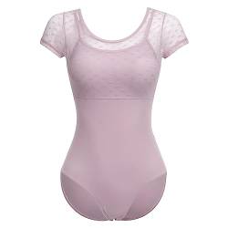 IMEKIS Damen Ballett Trikot Kurzarm Blumenspitze Ballettanzug Einfarbig Gymnastik Trikots mit Abnehmbaren BH Pads Einteilig Tanz Body Sportlich Rückenfrei Ballerina Tanzkleidung Kostüm Lila L von IMEKIS