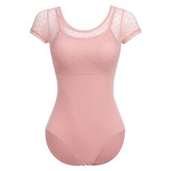 IMEKIS Damen Ballett Trikot Kurzarm Blumenspitze Ballettanzug Einfarbig Gymnastik Trikots mit Abnehmbaren BH Pads Einteilig Tanz Body Sportlich Rückenfrei Ballerina Tanzkleidung Kostüm Rosa M von IMEKIS