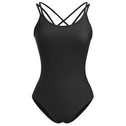 IMEKIS Damen Ballettanzug Ärmellos Ballett Tanztrikot Crisscross Rückenfrei Gymnastik Tanzbekleidung Einteilig Tanz Bodysuit Top mit BH-Polster Schwarz S von IMEKIS