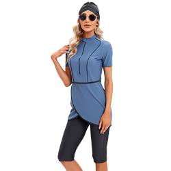 IMEKIS Damen Bescheidene Muslimische Bademode Islamische Burkini Badeanzug Kurzarm Reißverschluss Swim Top mit Kurz Hosen Hijab 3tlg Tankinis Sets Schwimmkostüm Blau L von IMEKIS