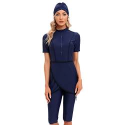 IMEKIS Damen Bescheidene Muslimische Bademode Islamische Burkini Badeanzug Kurzarm Reißverschluss Swim Top mit Kurz Hosen Hijab 3tlg Tankinis Sets Schwimmkostüm Marineblau XL von IMEKIS