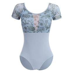 IMEKIS Damen Blume Ballettanzug Kurzarm Rückenfrei Tanzbody Ballett Trikot Top Gymnastikanzug Ballettkleidung Ballerina Tanzkleidung mit Abnehmbaren BH-Pad Blau S von IMEKIS