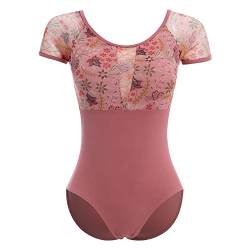 IMEKIS Damen Blume Ballettanzug Kurzarm Rückenfrei Tanzbody Ballett Trikot Top Gymnastikanzug Ballettkleidung Ballerina Tanzkleidung mit Abnehmbaren BH-Pad Dunkelrot XL von IMEKIS