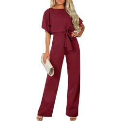 IMEKIS Damen Breites Bein Jumpsuit Elegante Party Sommer Playsuit Kurzarm Rundhals Overalls Hosenanzug Einfarbige Loose Fit Gürtel Strampler Hosen Weinrot XL von IMEKIS