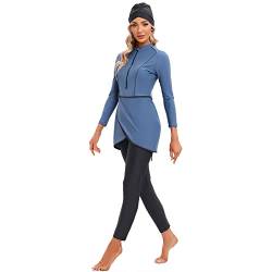 IMEKIS Damen Burkini Muslim Badeanzug Blume Bescheidene Bademode Islamisches Schwimmanzug Langarm Rash Guard Reißverschluss Badeoberteil mit Badehose Hijab 3tlg Tankini Set Blau+Schwarz L von IMEKIS