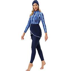 IMEKIS Damen Burkini Muslim Badeanzug Blume Bescheidene Bademode Islamisches Schwimmanzug Langarm Rash Guard Reißverschluss Badeoberteil mit Badehose Hijab 3tlg Tankini Set Blau M von IMEKIS