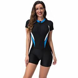 IMEKIS Damen Einteilige Badeanzug mit Bein Langarm Rashguard Surfanzug Blume Schwimmanzug Neoprenanzug Tauchanzug Reißverschluss Bademode UV-Anzug Schutzkleidung Blau+Weiß L von IMEKIS