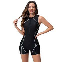 IMEKIS Damen Einteilige Badeanzug mit Bein Langarm Rashguard Surfanzug Blume Schwimmanzug Neoprenanzug Tauchanzug Reißverschluss Bademode UV-Anzug Schutzkleidung Schwarz+Weiß M von IMEKIS