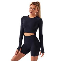 IMEKIS Damen Fitness Set Zweiteilig Workout Outfit Langarm Sport Crop Top mit Hoher Taille Shorts Nahtlos Yoga Kleidung Sommer Laufen Trainingsanzug Fitness Activewear Schwarz M von IMEKIS