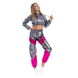 IMEKIS Damen Glänzende Metallic Trainingsanzug Jogginganzug Sportanzug Langarm Kapuzen Crop Top und Cargohose 2er Hosenanzug Hausanzug Nachtclub Performance Tanzbekleidung Grau Large von IMEKIS