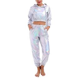 IMEKIS Damen Glänzende Metallic Trainingsanzug Jogginganzug Sportanzug Langarm Kapuzen Crop Top und Cargohose 2er Hosenanzug Hausanzug Nachtclub Performance Tanzbekleidung Laser Silber L von IMEKIS