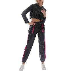 IMEKIS Damen Glänzende Metallic Trainingsanzug Jogginganzug Sportanzug Langarm Kapuzen Crop Top und Cargohose 2er Hosenanzug Hausanzug Nachtclub Performance Tanzbekleidung Schwarz+Rose M von IMEKIS