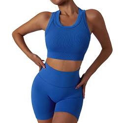 IMEKIS Damen Gym Set Zwei Stücke Trainingsanzüge Athletische Workout Outfit Nahtlose Yoga Anzug Gerippte Racerback Sport BH mit Hoher Taille Shorts Einfarbige Slim Fit Running Sport Activewear Blau S von IMEKIS