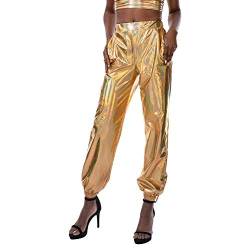 IMEKIS Damen Hohe Taille Cargohose Glänzend Wetlook Elastischer Bund Hologramm Hip Hop Tanzhose Lackleder Jogger Casual Streethose Bühnen Auftritt Partyhose Nachtclub Disco Clubwear Gold L von IMEKIS