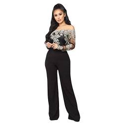 IMEKIS Damen Jumpsuit Elegant Off Shoulder Spitze Hosenanzug Festlich Langarm Einteiler Overall Breites Bein Lang Playsuit Cocktail Party Tanz Abendkleidung mit Gürtel Schwarz + Gold XL von IMEKIS