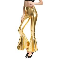 IMEKIS Damen Lang Leggins 70er Jahre Hippie-Hosen Schlaghose Trompetenhosen Hoch Taille Einfarbig Wet Look Glänzend Weites Bein Yogahosen Nachtclub Disco Kleidung Meerjungfrau Tanz Kostüm Gold M von IMEKIS