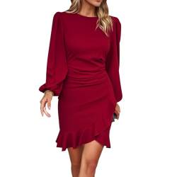 IMEKIS Damen Langarm Bodycon Mini Kleid Elegant Rüschen Cocktailkleid Hochzeit Festlich Abendkleid Einfarbig Rundhals Herbst Winter Party Kleid Weinrot M von IMEKIS