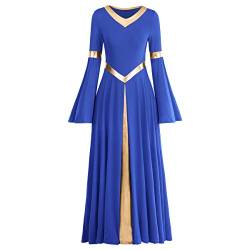 IMEKIS Damen Liturgisch Lob Kleid Metallic Spleiß Lyrisch Tanzkleider Langarm V-Ausschnitt Casual Lang Faltenrock Freizeitkleid Kirche Anbetung Gebet Kleider Ballsaal Dancewear Königsblau S von IMEKIS