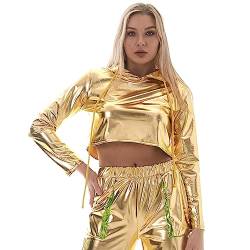 IMEKIS Damen Metallic Kapuzenpullover Sweatshirt Langarm Kunstleder Kapuze Crop Top Glänzend Lockere Pullover Shirt Top mit Kordelzug Nachtclub Dancewear Hip Hop Rave Kostüm Gold S von IMEKIS