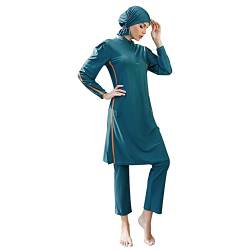 IMEKIS Damen Muslimisch Bademode 3tlg Kopftuch Bescheidener Badeanzug Islamischer Burkini Badeanzug Langarm Schwimmoberteil mit Hose Hijab Ganzkörper Schwimmanzug Blauer See L von IMEKIS