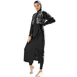 IMEKIS Damen Muslimisch Bademode 3tlg Kopftuch Bescheidener Badeanzug Islamischer Burkini Badeanzug Langarm Schwimmoberteil mit Hose Hijab Ganzkörper Schwimmanzug Schwarz 2 M von IMEKIS