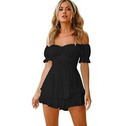 IMEKIS Damen Off Shoulder Strampler Kleid Frauen Boho Blumendruck Kurz Jumpsuit Chiffon Rüschen Minikleid Elegant Overall Shorts Casual Sommerkleid Playsuit Schwarz S von IMEKIS