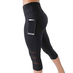 IMEKIS Damen Sport Leggings 3/4 Sporthose Yogahose Laufhose Hohe Taille Mesh Fitnesshose Jogginghose Workout Stretch Tights Push Up Skinny Hosen Freizeit Sportbekleidung mit Taschen Schwarz XL von IMEKIS