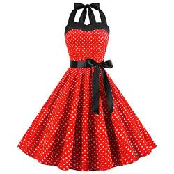 IMEKIS Damen Vintage Cocktailkleid Ärmellos Neckholder 1950er Polka Dots Retro Rockabilly Swing Kleid A Linie Faltenrock Knielang Hochzeit Festlich Abendkleid Ballkleid Rot S von IMEKIS