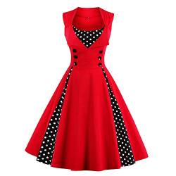 IMEKIS Damen Vintage Polka Dots Kleid 1950er Jahre Blumendruck Cocktailkleid Retro Rockabilly Swing Abendkleid A Linie Ärmellose Faltenrock Hochzeit Festlich Knielang Ballkleid Rot 3XL von IMEKIS