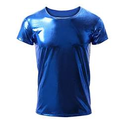 IMEKIS Herren Gl?nzend Metallic Oberteil Kurzarm Roundhals Muskelshirt Wetlook Unterhemd Disco Nachtclub Hemd 70er 80er Party Kost?m Blau L von IMEKIS