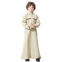 IMEKIS Kind Jungen Arabischen Islam Thobe Knopf Streifendruck Muslimische Robe Langarm Einfarbig Tobe Kaftan Dubai Stil Ethnische Kleidung Beige 11-12 Jahre von IMEKIS