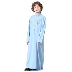 IMEKIS Kind Jungen Arabischen Islam Thobe Knopf Streifendruck Muslimische Robe Langarm Einfarbig Tobe Kaftan Dubai Stil Ethnische Kleidung Blau 9-10 Jahre von IMEKIS