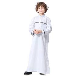 IMEKIS Kind Jungen Arabischen Islam Thobe Knopf Streifendruck Muslimische Robe Langarm Einfarbig Tobe Kaftan Dubai Stil Ethnische Kleidung Weiß 5-6 Jahre von IMEKIS