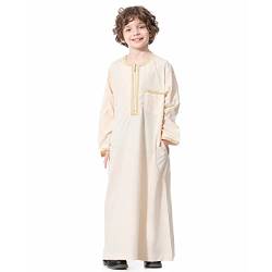 IMEKIS Kind Jungen Muslimische Thobe Langarm Stickerei Arabisch Islamische Robe Einfarbig Rei?verschluss Tobe Kaftan Dubai Stil Ethnische Kleidung Beige-Stickerei 13-14 Jahre von IMEKIS