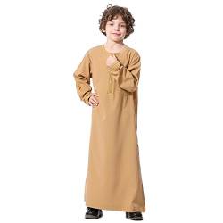 IMEKIS Kind Jungen Muslimische Thobe Langarm Stickerei Arabisch Islamische Robe Einfarbig Reißverschluss Tobe Kaftan Dubai Stil Ethnische Kleidung Khaki-Stickerei 11-12 Jahre von IMEKIS