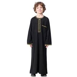 IMEKIS Kind Jungen Muslimische Thobe Langarm Stickerei Arabisch Islamische Robe Einfarbig Reißverschluss Tobe Kaftan Dubai Stil Ethnische Kleidung Schwarz-Stickerei 13-14 Jahre von IMEKIS
