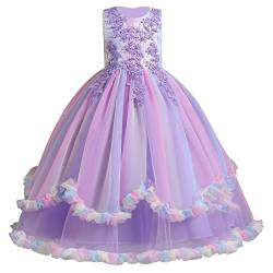 IMEKIS Kinder Blumenmädchen Brautjungfernkleid Prinzessin Hochzeit Kommunion Festzug Ballkleid Ärmellos Geburtstag Rüschen Tüll Tutu Elegant Lang Abschlussball Partykleid Regenbogen-Lila 9-10 Jahre von IMEKIS