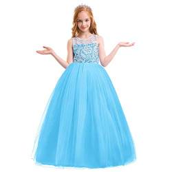 IMEKIS Kinder Blumenmädchen Kleid Ärmellose Spitze Tüllkleid Prinzessin Brautjungfer Hochzeit Partykleid Geburtstag Tutu Abendkleid Festzug Lang Ballkleid Himmelblau 8-9 Jahre von IMEKIS