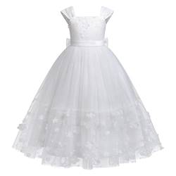 IMEKIS Kinder Mädchen Hochzeit Partykleid Blumenmädchen Kleid Prinzessin Brautjungfer Tüllkleid Erstkommunion Geburtstag Festzug Ballkleid Maxi Lang Bowknot Rüsche Tutu Kleid Weiß-Blume 9-10 Jahre von IMEKIS