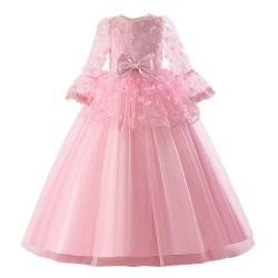 IMEKIS Kinder Mädchen Weihnachtskleid Langarm 3D Blume Hochzeit Brautjungfer Kleid Elegante Prinzessin Rüsche Tüllkleid Erstkommunion Geburtstag Festzug Kleid Rosa 6-7 Jahre von IMEKIS