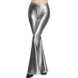 IMEKIS Kunstleder Hose für Damen Palazzo Hose mit Weite Bein Glänzend Metallic Einfarbig Hohe Taille Yogahose Flared Lang Bootcut Leggings Disco Tanzhose Abend Clubwear Silber XL von IMEKIS