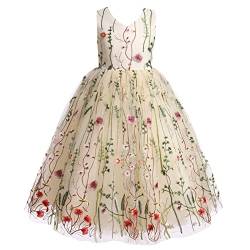 IMEKIS Mädchen Blume Brautjungfer Hochzeit Kleid Kind Blumen Bestickt Tüll Festlich Kleid Ärmellos V-Ausschnitt Geburtstag Partykleid Kommunion Festzug Ballkleid Aprikose 6-7 Jahre von IMEKIS