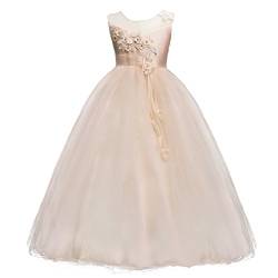 IMEKIS Mädchen Blume Kleid Elegant Hochzeit Brautjungfer Partykleid Prinzessin Ärmellos Spitze Tüll Maxikleid Geburtstag Festzug Ballkleid Festlich Cocktail Abendkleid Ballkleid Champagner 5-6 von IMEKIS