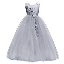 IMEKIS Mädchen Blume Kleid Elegant Hochzeit Brautjungfer Partykleid Prinzessin Ärmellos Spitze Tüll Maxikleid Geburtstag Festzug Ballkleid Festlich Cocktail Abendkleid Ballkleid Grau 6-7 von IMEKIS