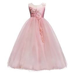 IMEKIS Mädchen Blume Kleid Elegant Hochzeit Brautjungfer Partykleid Prinzessin Ärmellos Spitze Tüll Maxikleid Geburtstag Festzug Ballkleid Festlich Cocktail Abendkleid Ballkleid Rosa 13-14 von IMEKIS