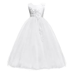 IMEKIS Mädchen Blume Kleid Elegant Hochzeit Brautjungfer Partykleid Prinzessin Ärmellos Spitze Tüll Maxikleid Geburtstag Festzug Ballkleid Festlich Cocktail Abendkleid Ballkleid Weiß 5-6 von IMEKIS